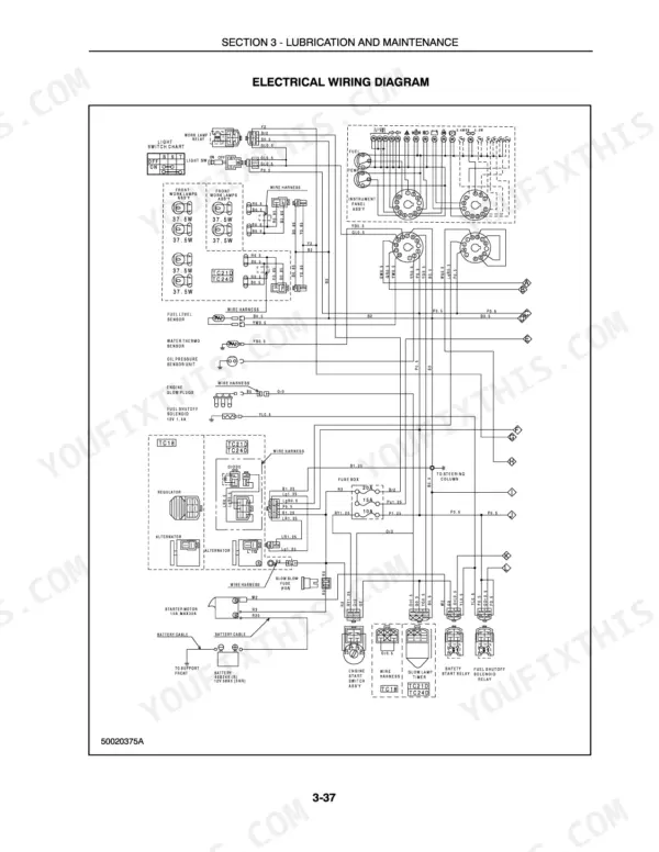 New Holland TC18 electrical wiring diagram showing instrument panel, fuse box, starter motor, battery, and lighting circuits.