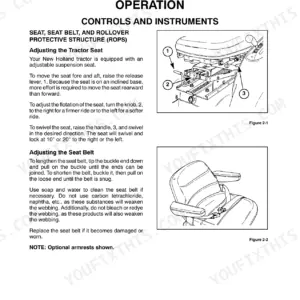 New Holland TC25D, TC29D, TC33D operator manual page showing seat adjustment procedures, seat belt instructions, and component diagrams.