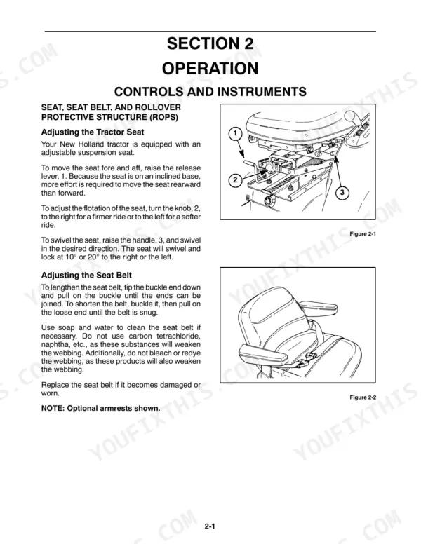 new-holland-tc25d-tc29d-tc33d-compact-tractor-operator-manual-86587311-controls-17.webp New Holland TC25D, TC29D, TC33D operator manual page showing seat adjustment procedures, seat belt instructions, and component diagrams.