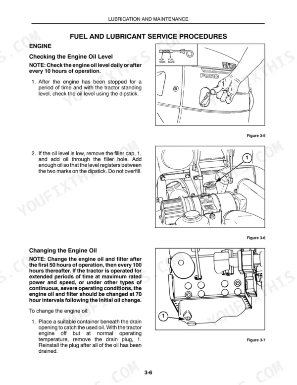 New Holland TC25D, TC29D, TC33D engine oil level check, filler cap location, and oil drain plug removal procedures.
