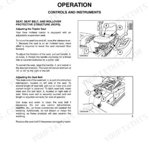 New Holland TC29DA, TC33DA operator manual page for seat, seat belt, and ROPS adjustment procedures and controls.