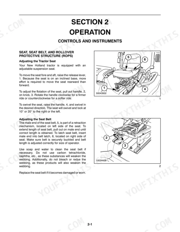 new-holland-tc29da-tc33da-tractor-operator-manual-87308863-controls-23.webp New Holland TC29DA, TC33DA operator manual page for seat, seat belt, and ROPS adjustment procedures and controls.
