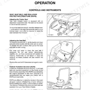 New Holland TC30 operator manual page showing seat adjustment, seat belt operation, and ROPS safety structure diagrams.