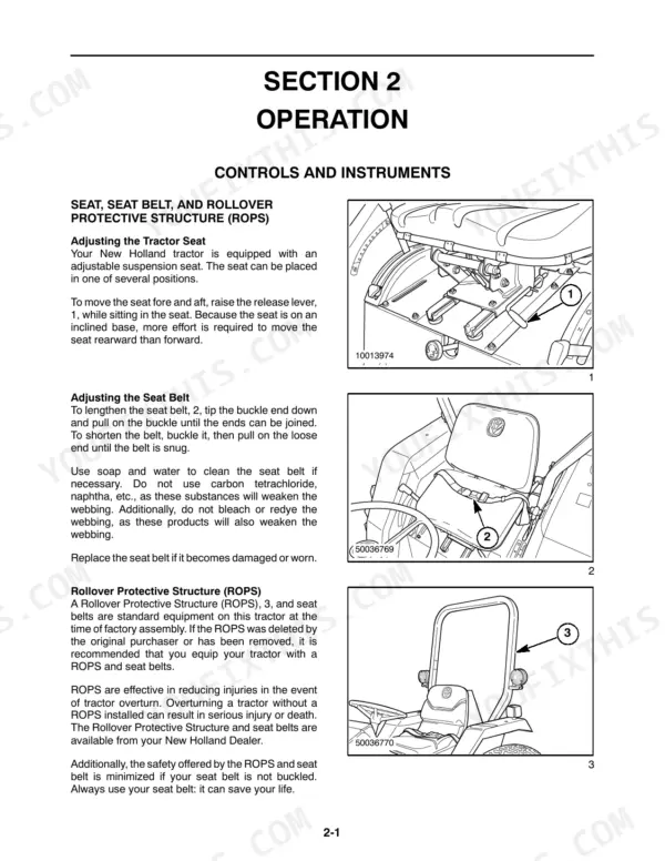 new-holland-tc30-tractor-operator-manual-87301232-controls-22.webp New Holland TC30 operator manual page showing seat adjustment, seat belt operation, and ROPS safety structure diagrams.