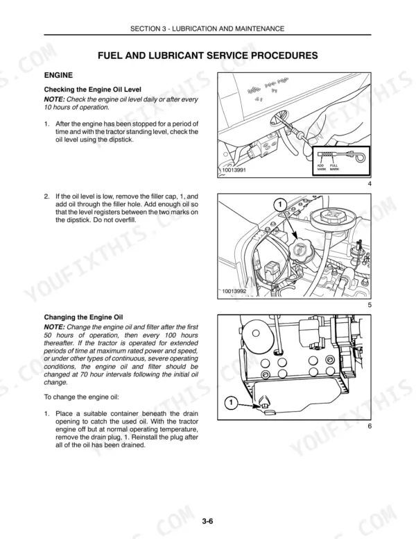New Holland TC30 engine oil service procedures, checking dipstick level, adding oil, and draining oil pan plug location.