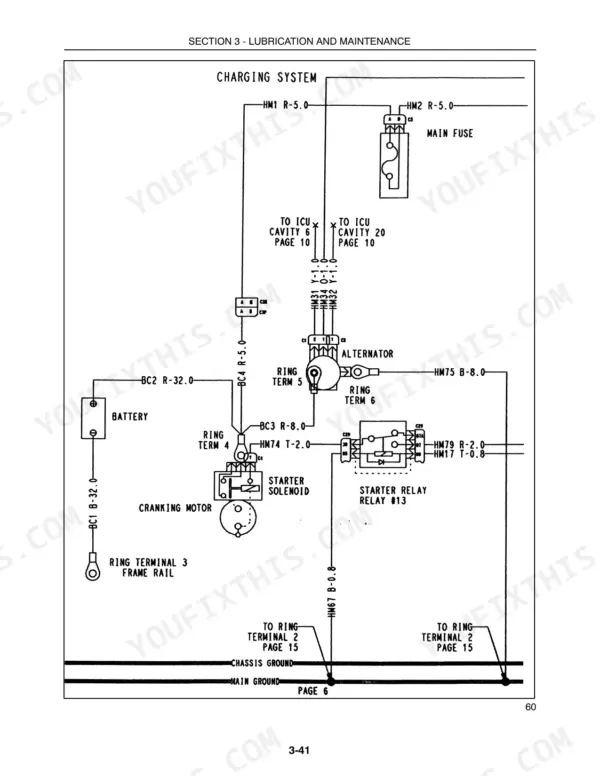 New Holland TC31DA, TC34DA charging system wiring diagram showing battery, alternator, starter solenoid, and relay.
