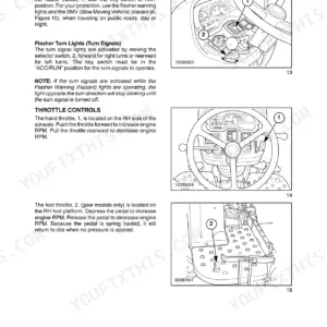 New Holland TC35A, TC40A, TC45A operator manual showing flasher, turn signal, hand throttle, and foot throttle controls.