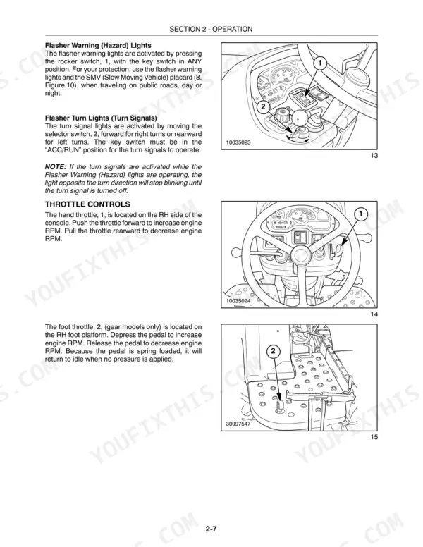 new-holland-tc35a-tc40a-tc45a-compact-tractor-operator-manual-87300513-controls-26.webp New Holland TC35A, TC40A, TC45A operator manual showing flasher, turn signal, hand throttle, and foot throttle controls.