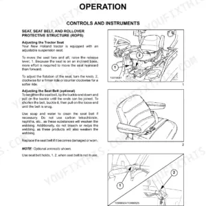 New Holland TC40DA, TC45DA operator manual: seat adjustment, seat belt operation, and ROPS controls diagrams.