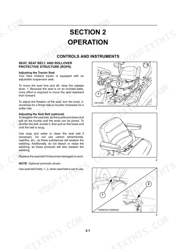 new-holland-tc40da-tc45da-compact-tractor-operator-manual-6045357100-controls-20.webp New Holland TC40DA, TC45DA operator manual: seat adjustment, seat belt operation, and ROPS controls diagrams.