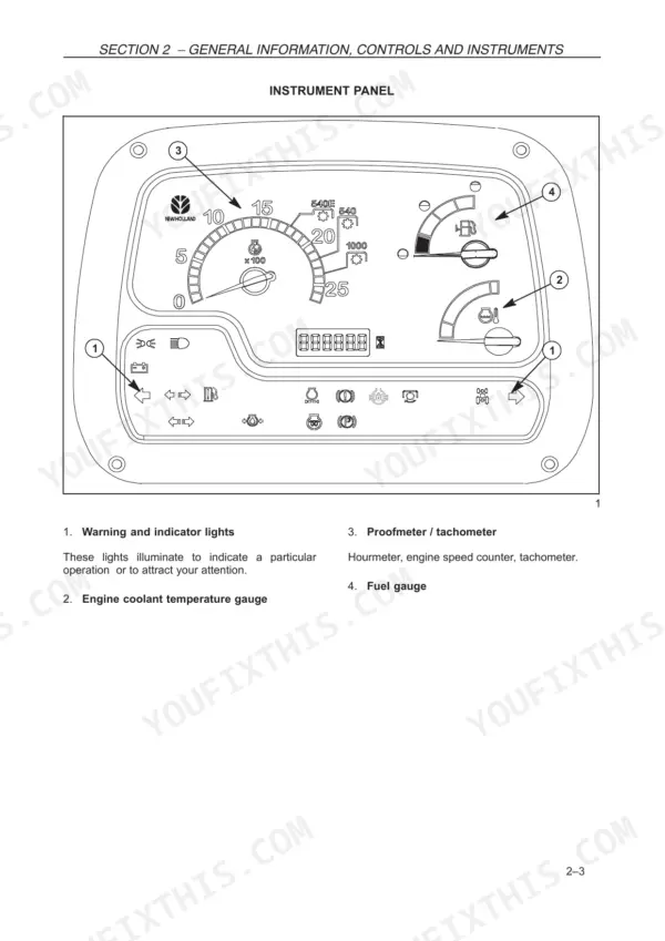 new-holland-td5010-td5050-series-tractor-operator-manual-47376882-controls-59.webp New Holland TD5010–TD5050 instrument panel diagram showing tachometer, fuel gauge, coolant temperature gauge, and indicator lights.