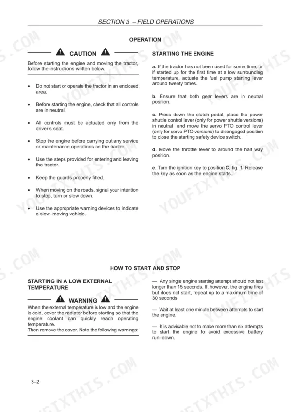 New Holland TD5010–TD5050 operator manual page detailing engine starting procedures and cold weather starting instructions.