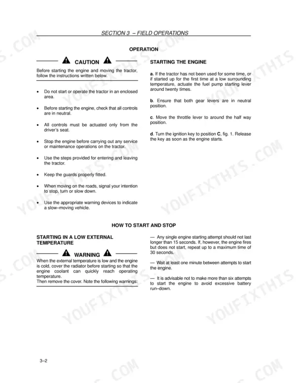 New Holland TD60D–TD95D operator manual page detailing engine starting procedures and cold weather operation safety instructions.