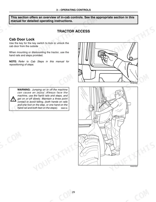 new-holland-tg210-tg285-series-tractor-operator-manual-87059621-controls-36.webp New Holland TG210, TG230, TG255, TG285 tractor access instructions, cab door lock operation, and safety mounting procedures.