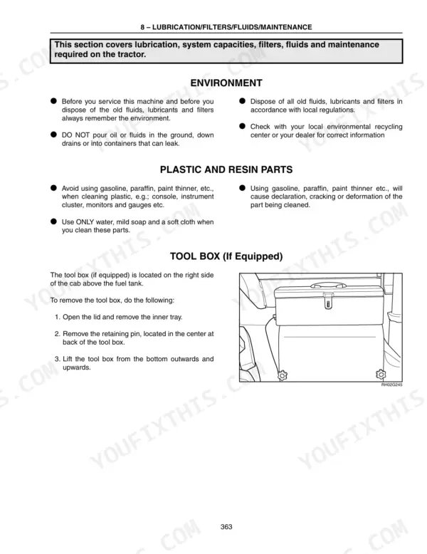 New Holland TG210, TG230, TG255, TG285 maintenance guide for environment, plastic cleaning, and tool box removal procedure.
