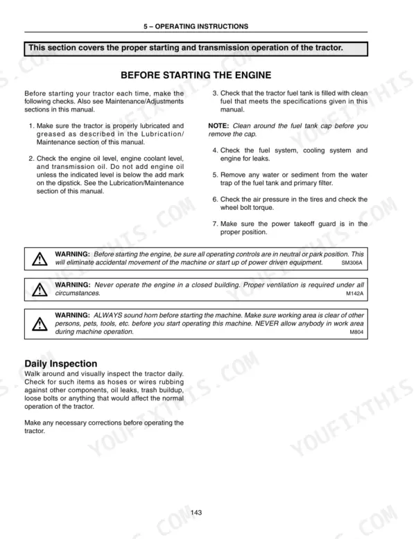 New Holland TG210, TG230, TG255, TG285 engine starting procedures, daily inspection checklist, and safety warnings.