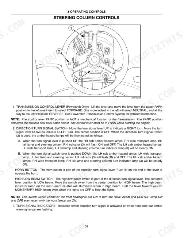 new-holland-tj-275-variants-tractor-operator-manual-87033610-controls-36.webp New Holland TJ 275, TJ 325, TJ 375, TJ 425, TJ 450, TJ 500 steering column controls diagram, transmission lever, and turn signal switch.