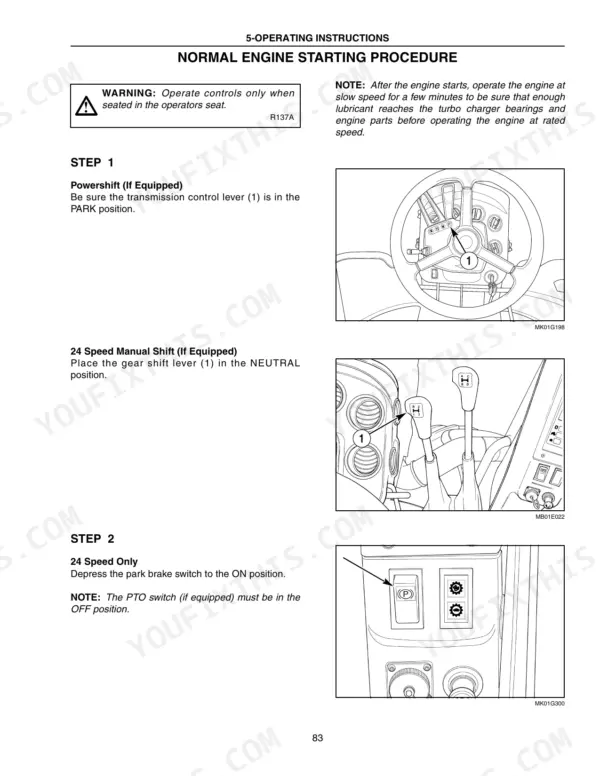 New Holland TJ 275-500 normal engine starting procedure, showing powershift, manual shift, and park brake switch controls.