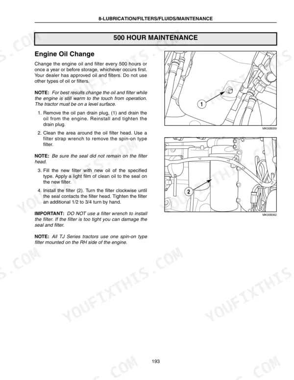 New Holland TJ 275-500: 500 hour engine oil change procedure with diagrams showing drain plug and oil filter locations.