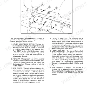 New Holland TJ275–TJ450 operator seat air suspension controls diagram and adjustment procedures for height, swivel, and isolators.