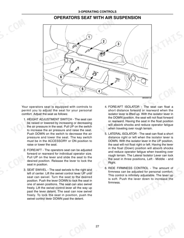 new-holland-tj275-variants-tractor-operator-manual-86977015-controls-30.webp New Holland TJ275–TJ450 operator seat air suspension controls diagram and adjustment procedures for height, swivel, and isolators.