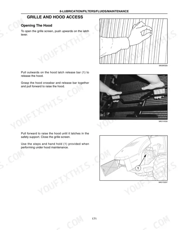 New Holland TJ275–TJ450 maintenance procedure for opening the tractor grille screen and raising the hood assembly.