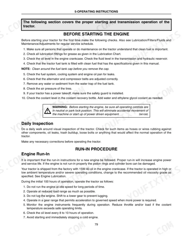 New Holland TJ275–TJ450 operating instructions, engine starting checks, daily inspection, and engine run-in procedure.