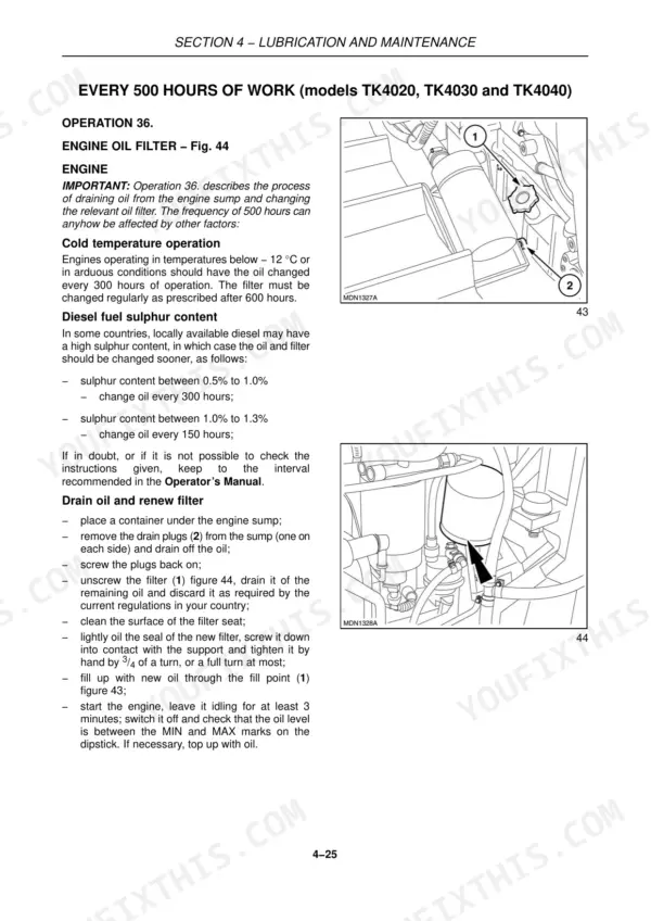 New Holland TK4020–TK4060 engine oil filter change procedure, including drain plug and filter location diagrams.