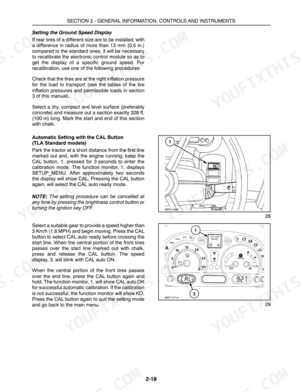 New Holland TL80A, TL90A, TL100A procedure for automatic ground speed display calibration using the CAL button and instrument cluster.