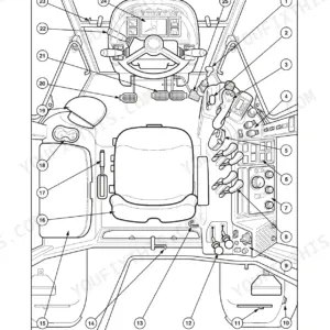 New Holland TM115–TM165 tractor cab and platform controls diagram showing operator seat, steering wheel, and numbered control levers.