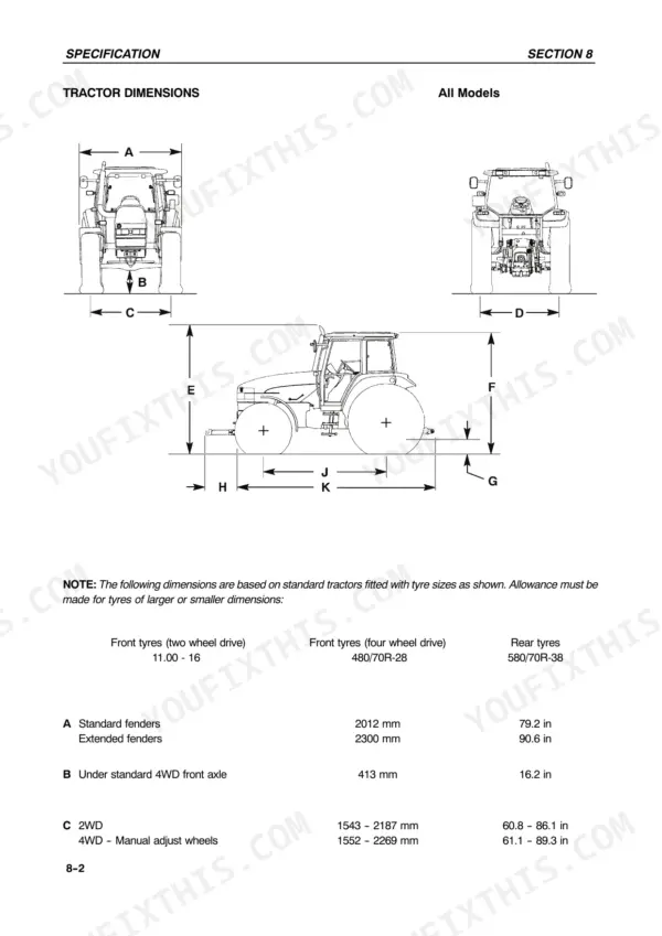 New Holland TM115–TM165 tractor dimensions diagram and specification table for fender, axle, and wheel track widths.