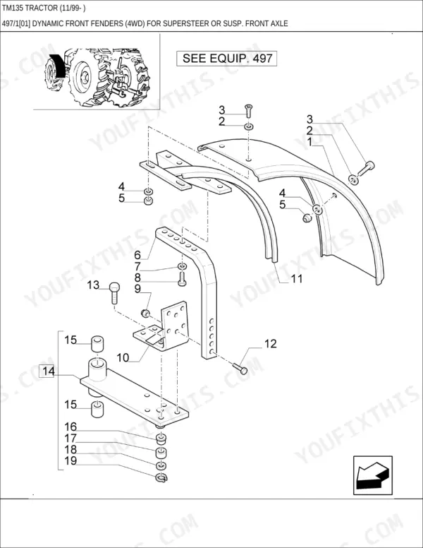 New Holland TM135 tractor Dynamic front fenders for the SuperSteer or suspended front axle, exploded view