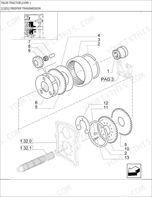 New Holland TM135 tractor Creeper transmission gears and shafts, exploded view with reference numbers