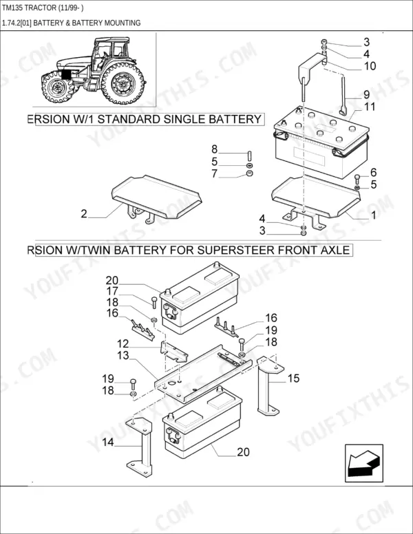 New Holland TM135 tractor Battery mounting figure with the standard single battery and the twin battery for the SuperSteer front axle