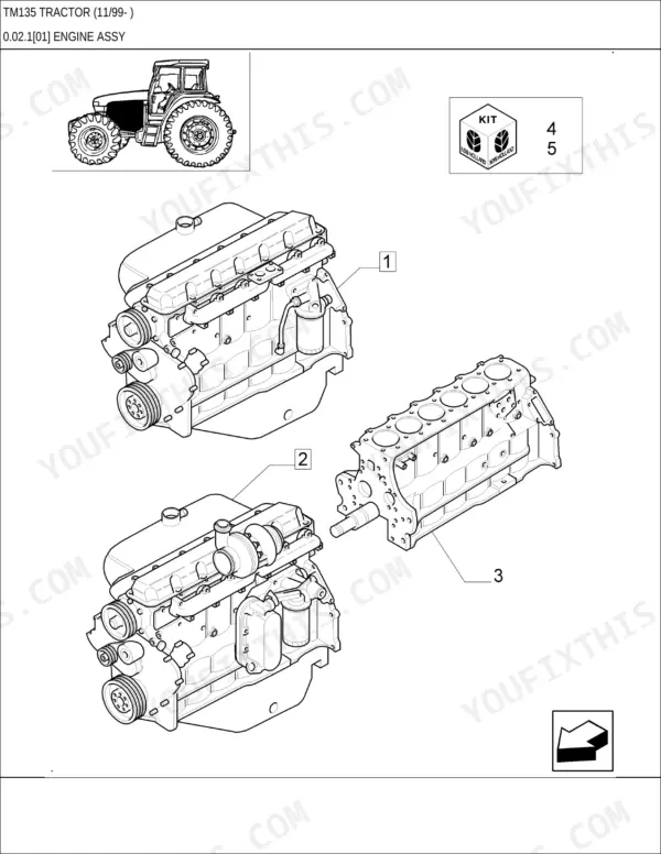 New Holland TM135 tractor Exploded view of the engine assembly and short block, figure 0.02.1