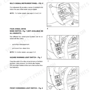 New Holland TN55, TN65, TN70, TN75 dashboard controls, instrument panel, 4WD switch, hazard lights, and cornering light switch.
