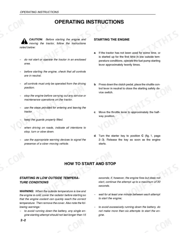 New Holland TN55, TN65, TN70, TN75 operating instructions for starting the engine and cold weather starting procedures.