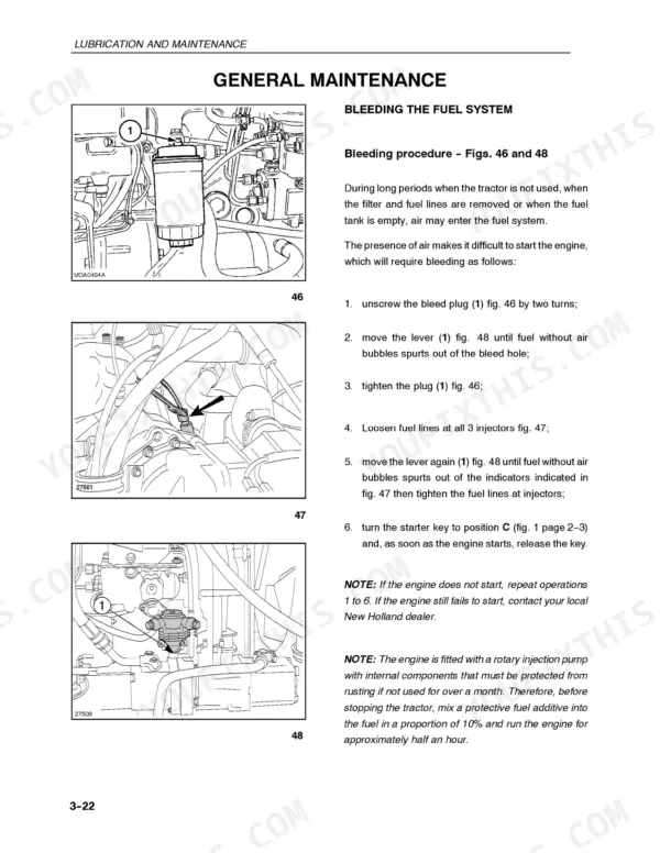 New Holland TN55, TN65, TN70, TN75 fuel system bleeding procedure diagrams and step-by-step maintenance instructions.