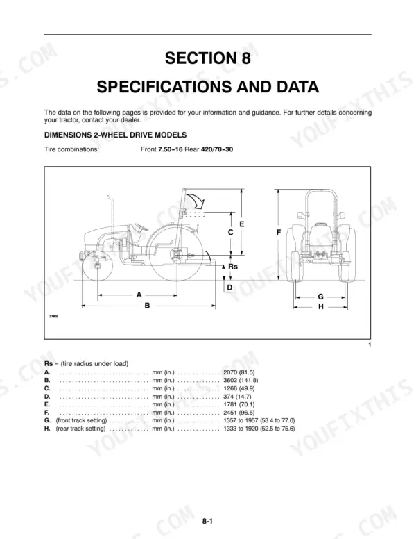 New Holland TN60A, TN70A, TN75A 2WD tractor dimensions diagram and specifications table for tire and track settings.