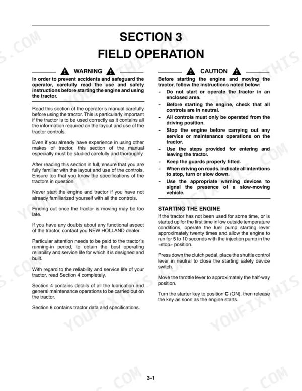 New Holland TN60DA, TN70DA, TN75DA operator manual page covering field operation safety warnings and engine starting procedures.