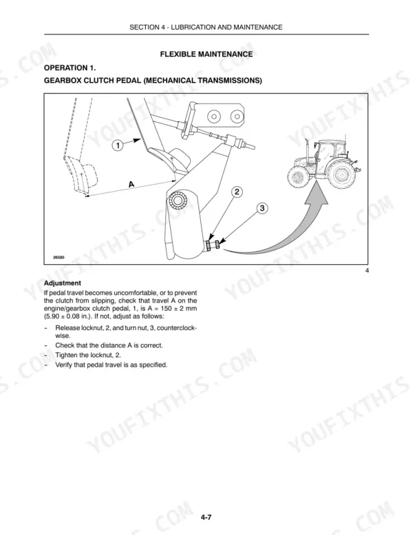 New Holland TN60SA, TN70SA, TN75SA gearbox clutch pedal adjustment procedure, showing pedal travel diagram and locknut settings.