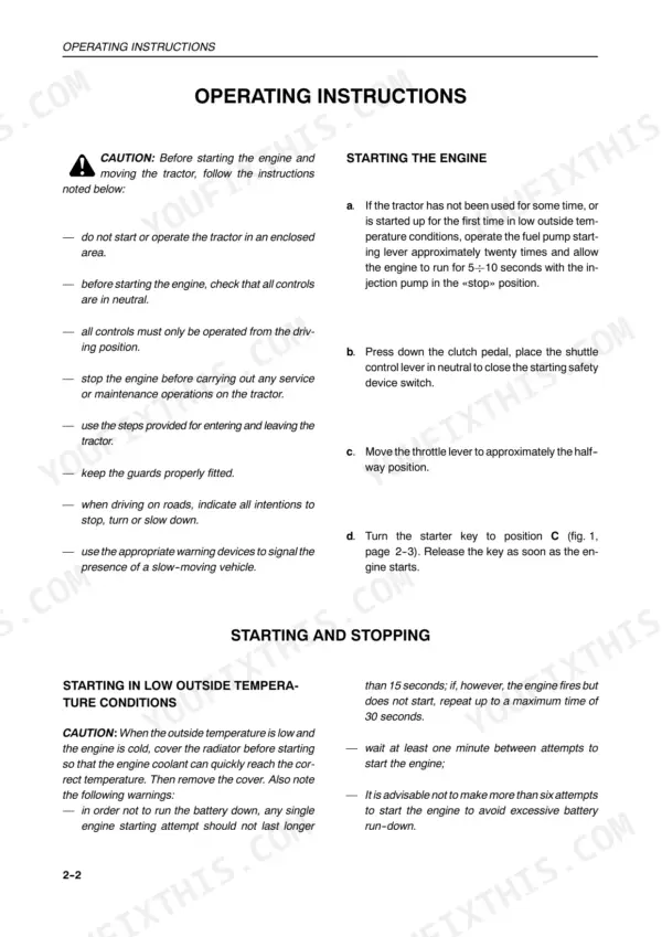 New Holland TN65F, TN75F, TN90F operating instructions for starting the engine and cold weather starting procedures.