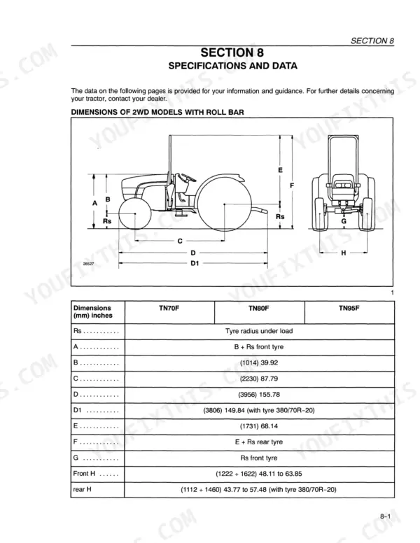 New Holland TN70F, TN80F, TN95F 2WD tractor dimensions diagram and specifications table for roll bar models.