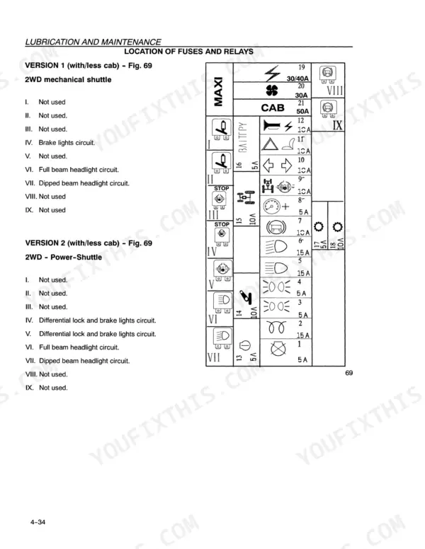 New Holland TN70F, TN80F, TN95F fuse and relay location diagram and circuit identification table for mechanical and power-shuttle.