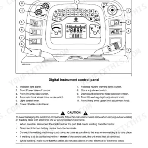 New Holland TN75FA, TN85FA, TN95FA digital instrument control panel diagram, component labels, and welding caution instructions.