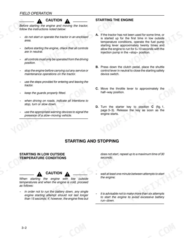 New Holland TN75FA, TN85FA, TN95FA operator manual page for starting the engine, field operation safety, and cold weather procedures.