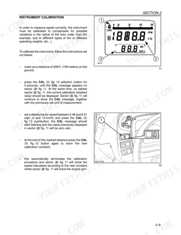 New Holland TN75FA, TN85FA, TN95FA instrument calibration procedure, dashboard display diagram, and CAL button location.