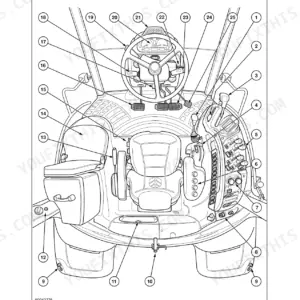 New Holland TS100A, TS115A, TS125A, TS135A diagram showing numbered cab and platform controls, steering wheel, and operator seat.