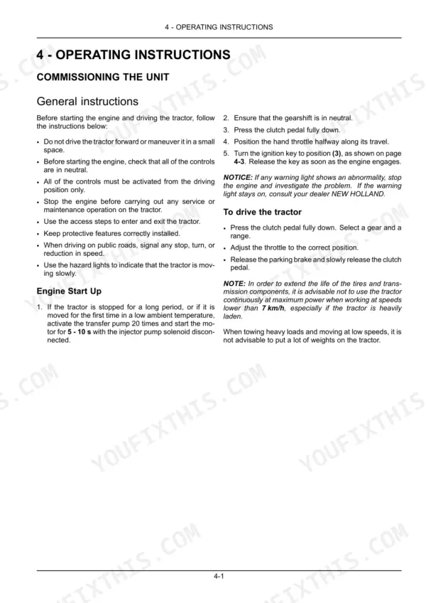 New Holland TT4030 operating instructions for commissioning the unit, engine start-up, and driving the tractor procedures.