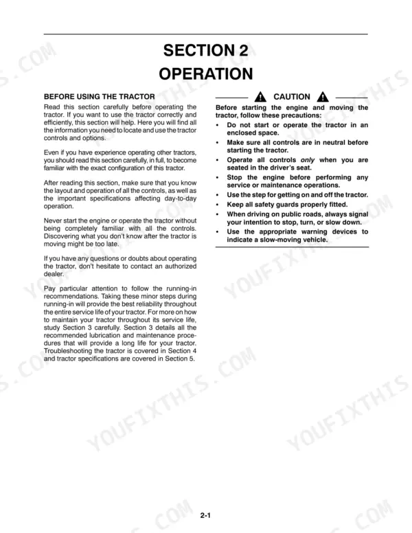 New Holland TT55, TT75 operator manual page showing Section 2 Operation, safety precautions, and tractor startup guidelines.